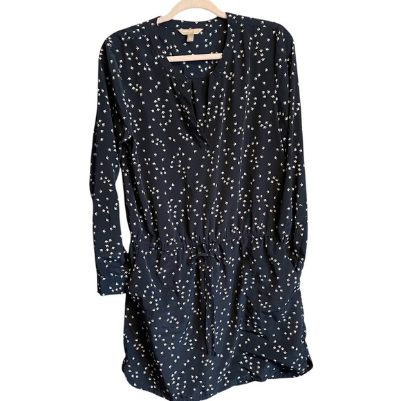 Banana Republic Bird Print Navy Dress-Size 10-Drawstring-Long Sleeves-Pullover - Picture 1 of 11
